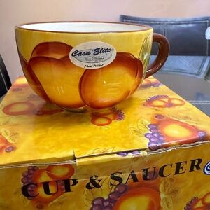 Casa Elite Hand-Painted Yellow and Brown Cup & Saucer